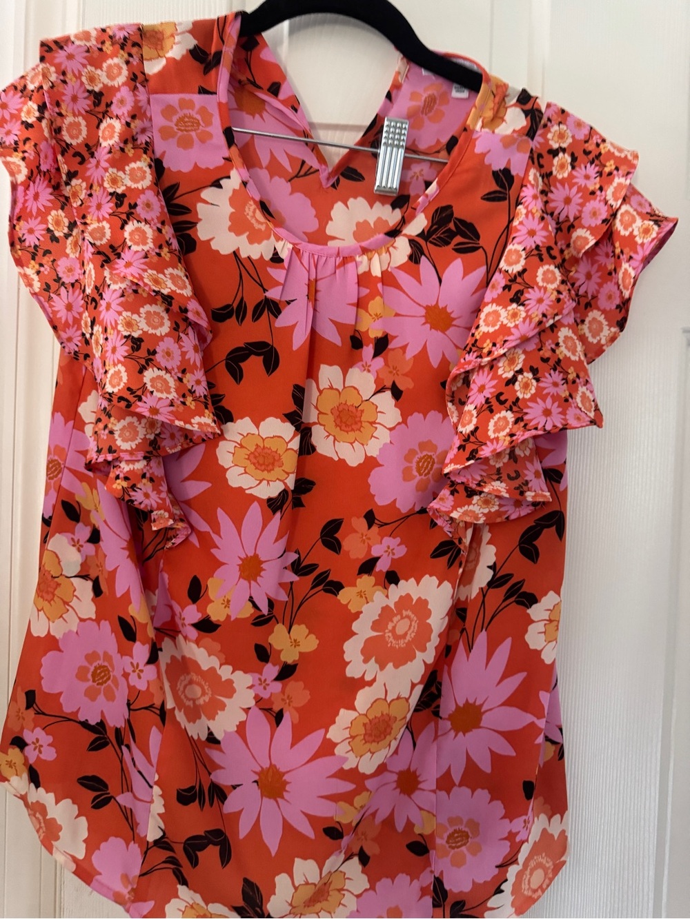 Bright Floral Ruffle Sleeve Blouse - Pink & Orange